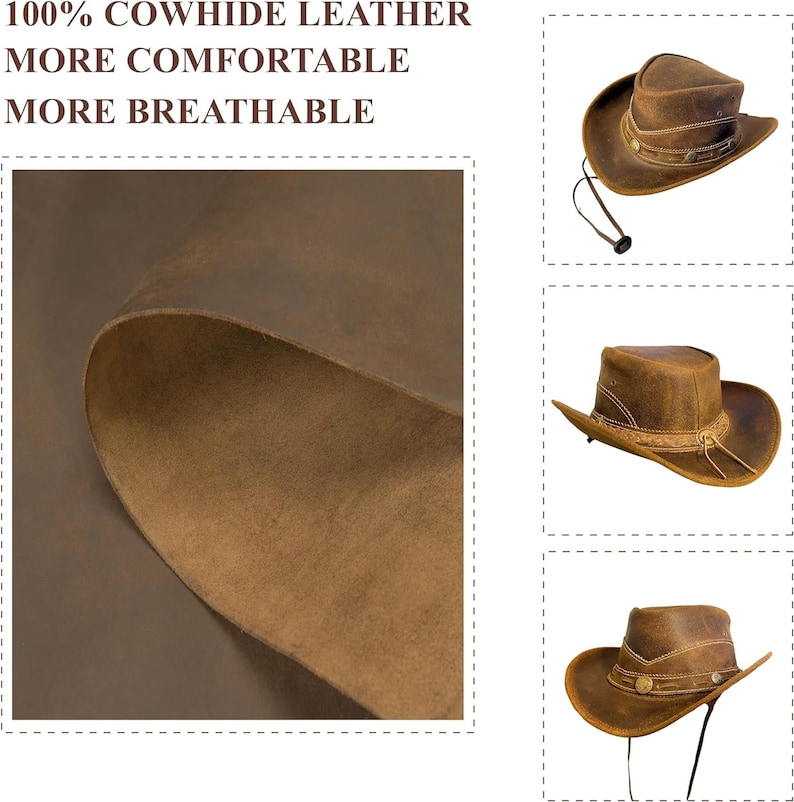 May include: Close-up of brown leather showing the texture and grain.  100% Cowhide Leather, More Comfortable, More Breathable.  Three images of a brown leather cowboy hat with a brown leather band and a decorative metal buckle.