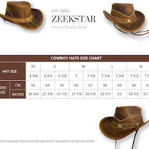 May include: Cowboy hat size chart with measurements in inches and centimeters. The chart shows hat sizes from XS to XL, with corresponding head sizes in inches and centimeters. The chart is labeled "Cowboy Hats Size Chart".