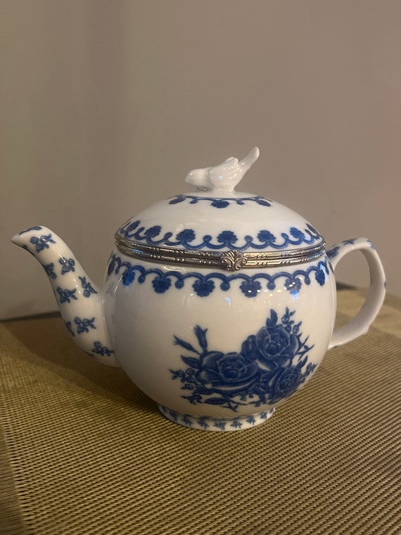 Blue and White Ceramic Teapot Trinket Box