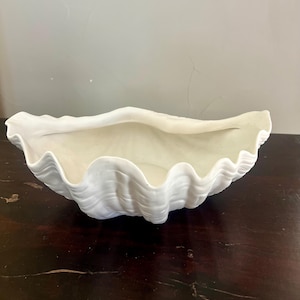 以下が含まれることがあります： 波状の縁が特徴的な、白いセラミック製の大きな貝殻型ボウル。ボウルは空で、濃い木製の表面に置かれています。ボウルの内側は滑らかでオフホワイトです。