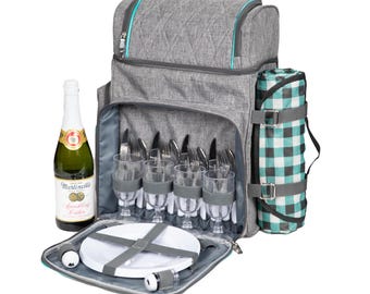 Insulated Cooler Picnic Backpack, 4 place settings, waterproof mat, bottle holder, for beach, pool, car rides, camping, theme parks and more
