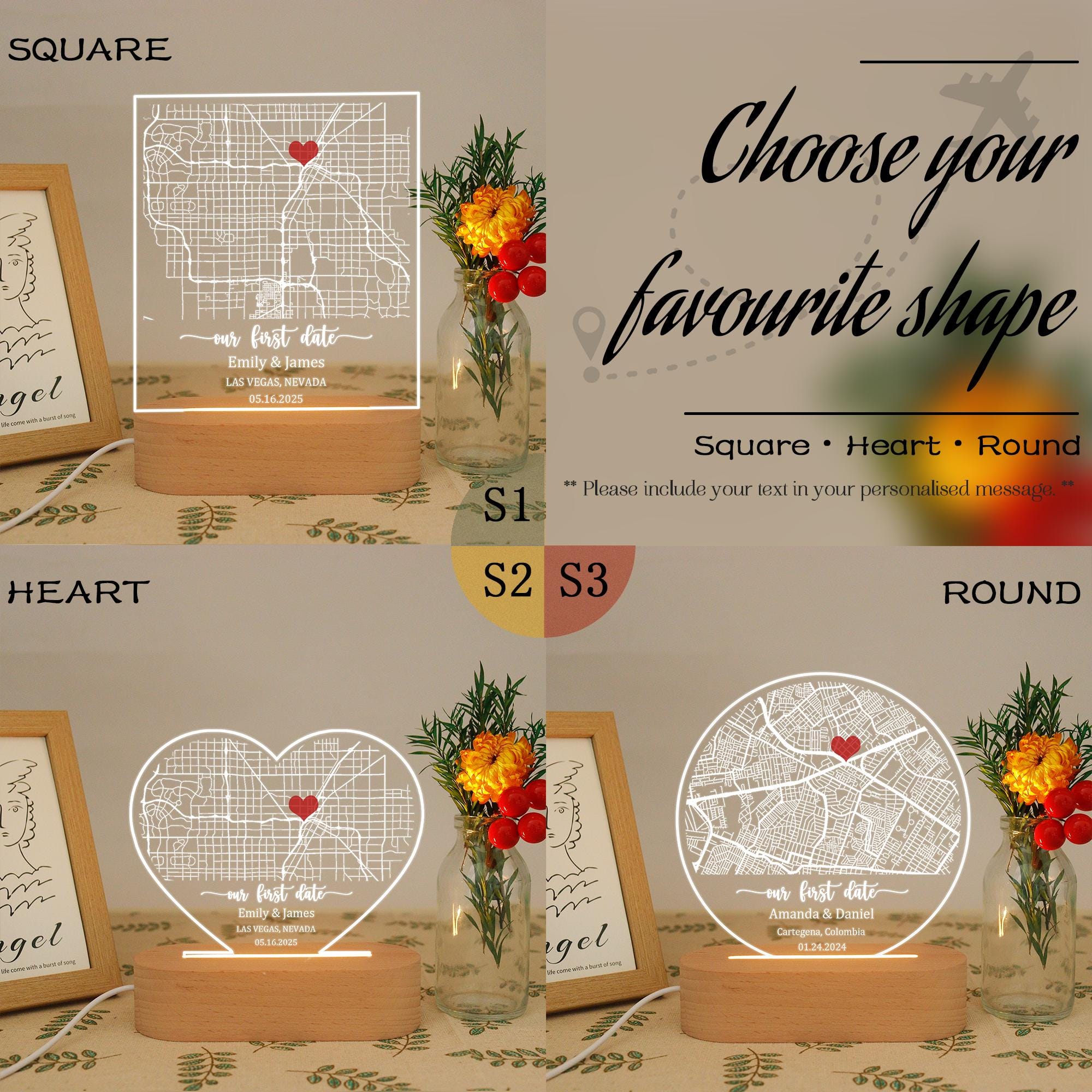 Our First Date - Personalized Couple Map Plaque LED Night Light