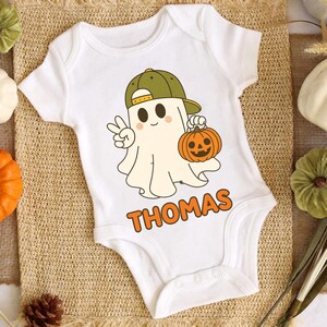 Personalized Halloween Boy Bodysuit, Custom Name Ghost Shirt for Kids, Cute Pumpkin Toddler Tee, Trick or Treat Fall Shirt for Boys
