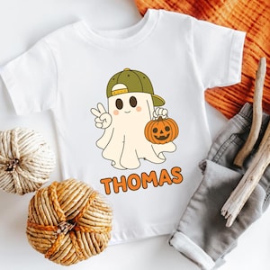 Personalized Halloween Boy Shirt, Custom Name Ghost Shirt for Kids, Cute Pumpkin Toddler Tee, Trick or Treat Fall Shirt for Boys