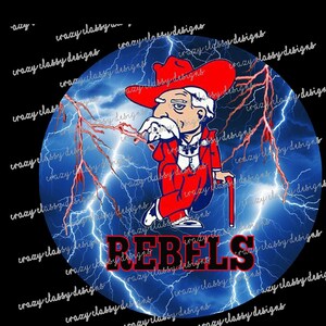 May include: A red and blue circular design with a cartoon figure wearing a red suit and a red hat. The figure is holding a cane and is standing on a blue background with white lightning bolts. The text "REBELS" is written in black letters on the bottom of the circle.