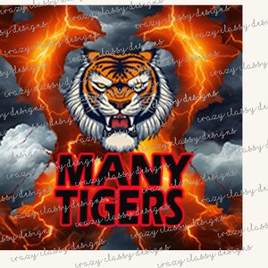 May include: A digital illustration featuring a tiger with orange and black stripes, set against a backdrop of lightning and clouds. The text "MANY TIGERS" is displayed in bold red letters.