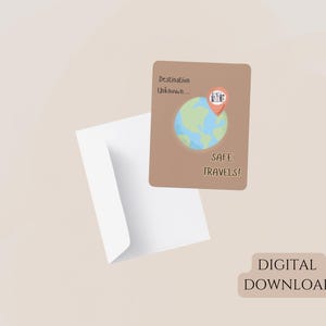 Carte de voeux pour voyager en toute sécurité, thème de la destination inconnue, téléchargement numérique, carte imprimable pour les amateurs de voyages