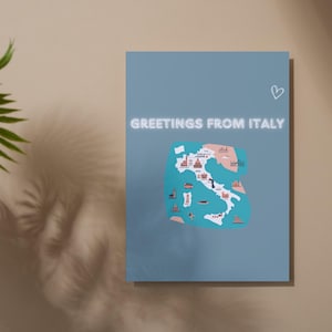 Carte de voeux de salutations d'Italie, carte graphique de l'Italie, carte imprimable pour les amateurs de voyages