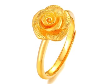 24K Solid Gold Rose Ring, Adjustable Flower Jewelry