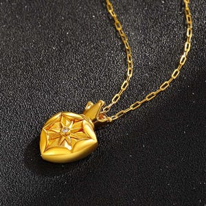 24K Gold Crown Heart Star Pendant Necklace, 999 Pure Gold, 17.72in