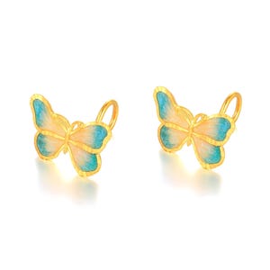 24K Solid Gold Gilding Blue Gold Butterfly Earrings.Handmade Blue Butterfly Earrings.Dainty Birthday Gift For Women.Z0210