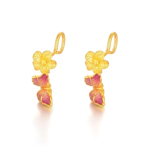24K Solid Gold Gilding Pink Gold Butterfly Earrings.Unique Gold Flower Stud Earrings.Birthday Gift For Women.Z0211