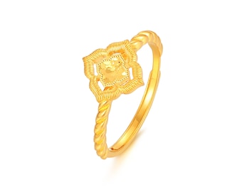 24K Solid Gold Flower Ring, Adjustable 999 Gold Floral Jewelry,Wedding Gift