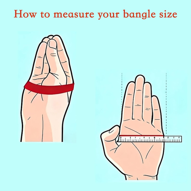 Pode incluir: Ilustra&ccedil;&atilde;o mostrando como medir o tamanho da pulseira. Uma m&atilde;o &eacute; mostrada com uma faixa vermelha ao redor das juntas, e a outra com uma r&eacute;gua medindo atrav&eacute;s da palma. O texto na parte superior diz "How to measure your bangle size."