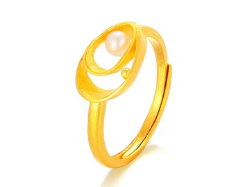 24K Solid Gold Pearl Ring, Minimalist Swirl Design, Handmade Jewelry