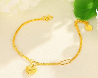 24K Solid Gold Heart Bracelet, 999 Pure Gold Romantic Gift