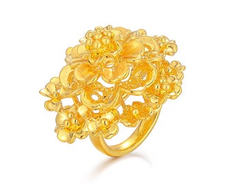 24K Solid Gold Floral Ring, Handmade 3D Blossom Statement Flower,Dainty Jewelry