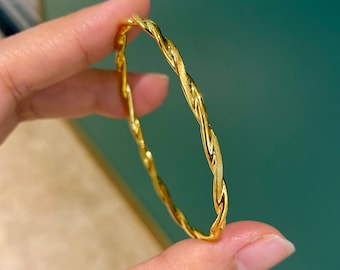 Pulseira fina torcida: Ouro amarelo 24k verdadeiro, para uso diário, pulseira feminina.