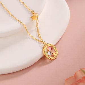 24K Gold Openwork Heart Pendant Necklace, Handmade Yellow Gold Chain