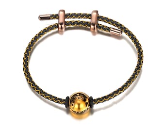 24K Gold Lucky Bead Bracelet for Men, Black Rope Fortune Talisman
