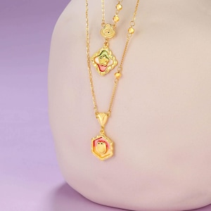 24K Solid Gold Pink Flower Necklace,Handmade Gold Chain,Simple Pendant