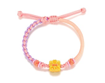 24K Gold Flower Bead Bracelet, Pink & Purple Woven Cord, Adjustable