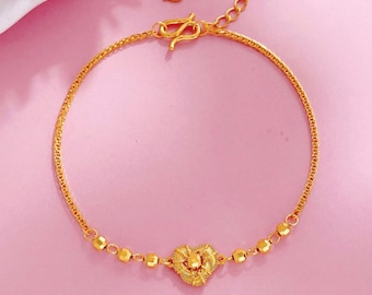24K Solid Gold Love Heart Bracelet: Adjustable Chain, Women Jewelry, Handmade Accessories