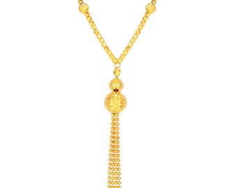 May include: A gold-colored necklace with a Y-shaped design. The necklace features a series of small, faceted beads leading to a central pendant with a large, textured sphere and a dangling tassel of small beads. The clasp is visible at the top.