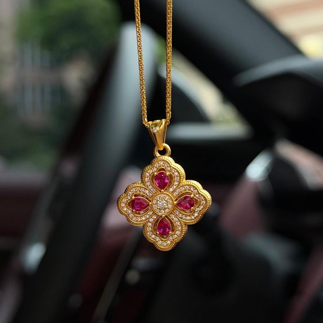 Vintage 24K Yellow Gold Four Leaf Clover Pendant:pink Diamond,women ...