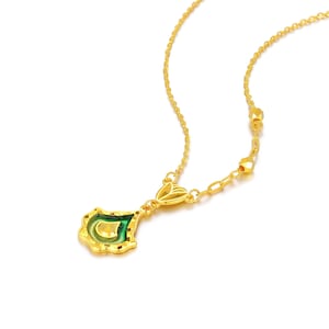 24K Solid Gold Green Pendant Necklace, Handmade Real Gold Chain,Birthday Gift