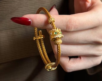 Kawaii Lion Charm Bracelet:24K Pure Gold,Diamond Design,Weave bangle.