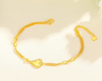 24K Solid Gold Heart Bracelet, Dainty 999 Gold Charm, Romantic Women Gift