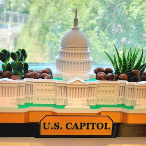 May include: A white model of the U.S. Capitol building with green grass and brown rocks around the base. The building is in a planter with a yellow base and black trim. The words "U.S. CAPITOL" are printed on the front of the planter.