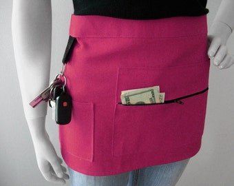 PINK Unisex Apron -  Vendor Apron - Craft Show Apron - Canvas Waitress Apron - Hostess Apron with Zipper Pocket and Key Hook