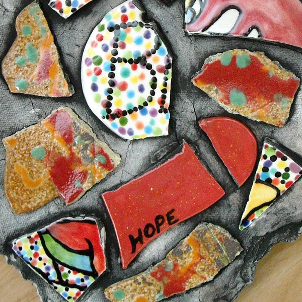 Rustic Mosaic Pottery Plaque - BE HOPE - Handmade Fractured/Whole Raw Mosaics Inspirational Eco Wall Hanging - Charity Donation