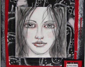 Portrait, mixed media, girl, black and white, original