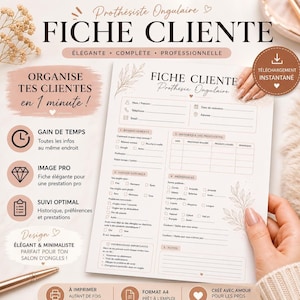 Peut inclure: Une fiche client imprimable pour les prothésistes ongulaires. La fiche présente un design minimaliste avec des sections pour les informations client, les ongles naturels, les préférences et les notes. Le texte comprend "Fiche Cliente" et "Prothésiste Ongulaire".