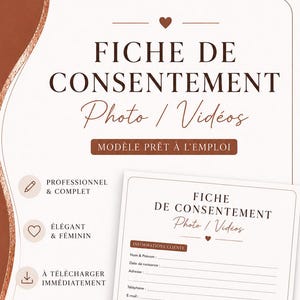 Può includere: Un modello di modulo di consenso per foto e video, costituito da un documento bianco con testo e intestazioni marroni. Il modulo include sezioni per le informazioni sul cliente, i dettagli del consenso, i diritti di utilizzo e le firme.