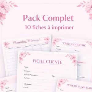 Peut inclure: Un ensemble de 10 fiches à imprimer pour clients, roses et blanches, comprenant un planning mensuel, une carte de fidélité, une fiche client et une fiche de consultation. Décorées de motifs floraux et de texte en français.