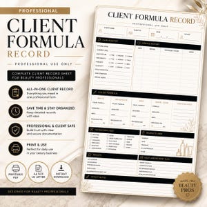 Peut inclure: Une fiche de suivi de formule client pour les professionnels de la beauté, comprenant des sections pour l'analyse capillaire, l'historique des services, les formules de couleur, les techniques utilisées et les résultats, avec des champs pour les détails.
