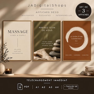 May include: A set of three wall art prints featuring text and imagery. The first print is cream with black text reading MASSAGE CORPS & ESPRIT. The second is olive green with stacked stones and text. The third is terracotta with a white brush circle.