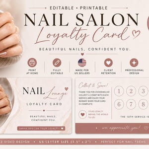 Peut inclure: Un modèle de carte de fidélité pour salon de manucure éditable et imprimable dans des tons mauve et blanc. Le design affiche le texte NAIL SALON Loyalty Card, une grille de 10 tampons et les dimensions 8,89 cm par 5,08 cm indiquées.