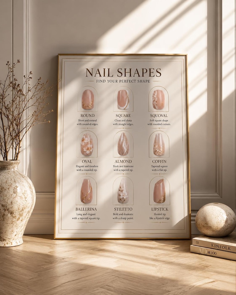 May include: A framed educational poster titled NAIL SHAPES FIND YOUR PERFECT SHAPE, displaying nine different nail styles including round, square, squoval, oval, almond, coffin, ballerina, stiletto, and lipstick, each with descriptive text below.