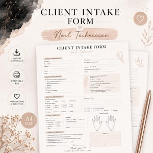 Puede incluir: Un formulario de admisión de clientes A4 imprimible para técnicos de uñas con secciones para información del cliente, salud, hábitos, preferencias y detalles del servicio. Incluye un diagrama de manos, notas y un bolígrafo oro rosa.