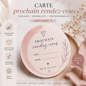 May include: A round, blush-colored card with the text "prochain rendez-vous" in elegant script. The card features space for date and time, with a heart and floral design. Additional text includes "DESIGN EXCLUSIF".
