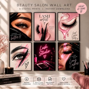 Op de afbeelding: Zes digitale wandkunstprints voor een schoonheidssalon met wimperthema. De prints tonen close-ups van ogen met lange wimpers, wimpertools en neonborden met teksten zoals Lash Artist, Lash Studio en Good Lashes Only.