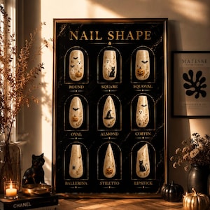 Peut inclure: Une affiche encadrée noire intitulée NAIL SHAPE présentant neuf embouts d'ongles beiges avec des motifs d'Halloween incluant des fantômes, citrouilles, chats, chauves-souris et chapeaux de sorcière. Chaque ongle est étiqueté avec sa forme : ROUND, SQUARE, SQUOVAL, OVAL, ALMOND, COFFIN, BALLERINA, STILETTO et LIPSTICK.