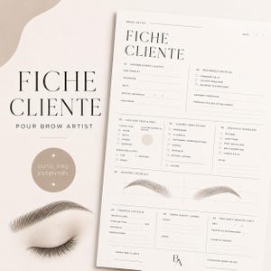 Puede incluir: Un formulario de registro de clientes para artistas de cejas titulado FICHE CLIENTE, que incluye secciones para información personal, análisis de piel y vello, contraindicaciones, resultados deseados, diagramas de mapeo y notas de citas.