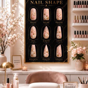 Peut inclure: Une affiche murale noire intitulée NAIL SHAPE présentant neuf formes d'ongles étiquetées round, square, squoval, oval, almond, coffin, ballerina, stiletto et lipstick. Chaque ongle a une base rose avec des motifs floraux blancs et roses.
