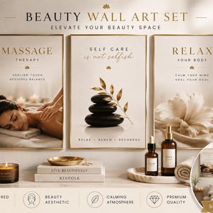 May include: A set of three rectangular wall art prints with gold frames. The first print shows a person receiving a massage with the text MASSAGE THERAPY. The second shows stacked black stones with the text SELF CARE is not selfish. The third shows a white flower with the text RELAX YOUR BODY.